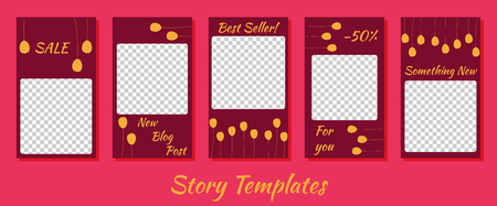 A set of minimalist stories for social networks. Frame. Package to create your unique content. Templates for stories. Red template set with yellow flowersのイラスト素材