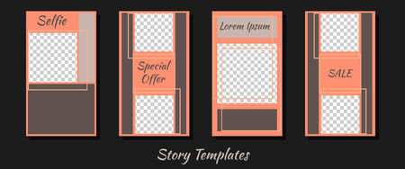 A set of minimalist stories for social networks. Frame. Package to create your unique content. Templates for stories. Stylish beige and lively coral. Geometric patternのイラスト素材
