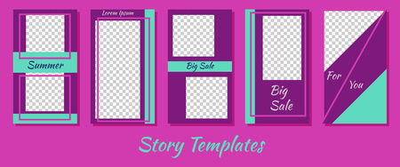 A set of minimalist stories for social networks. Frame. Package to create your unique content. Templates for stories. Violet bright color and neon green. Trendy colors 2019のイラスト素材