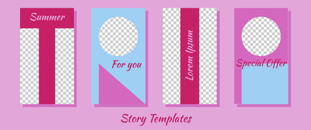 A set of minimalist stories for social networks. Frame. Package to create unique content. Templates for stories. Letters patterns for stories. Trip pattern. Pink and red colors. Bright template for tourismのイラスト素材