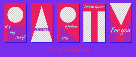 A set of minimalist stories for social networks. Frame. Package to create unique content. Templates for stories. Letters patterns for stories. Party template. Bright neon style. Pink and purpleのイラスト素材