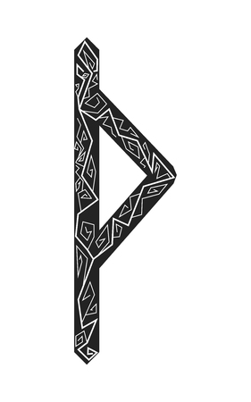 Fleece Thurisaz. Ancient Scandinavian runes. Runes senior futarka. Magic, ceremonies, religious symbols. Predictions and amulets. Ornament lightning. White background, black runes and white ornamentのイラスト素材