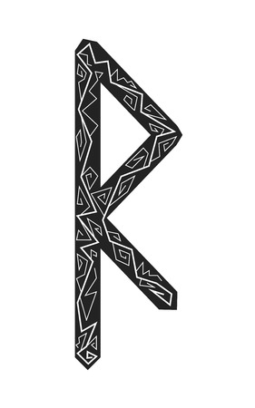 Raido rune. Ancient Scandinavian runes. Runes senior futarka. Magic, ceremonies, religious symbols. Predictions and amulets. Ornament lightning. White background, black runes and white ornamentのイラスト素材