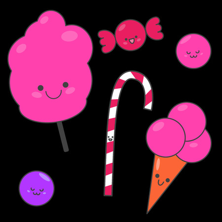 Seth funny cartoon candy. Sweet set of sweets. Illustration for children. Black backgroundのイラスト素材