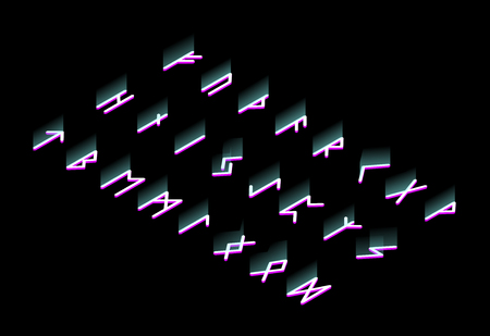 Set of ancient runes. Runic Norwegian Scandinavian alphabet. Senior futark. Ancient occult symbols. Isometry Vector. Glow Black backgroundのイラスト素材