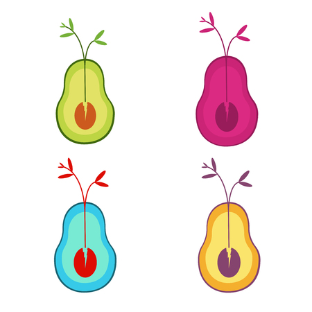 Avocado flat. Sprouting plant. Healthy food. Nature. Life in the plant. White background. Set of colorful avocadosのイラスト素材