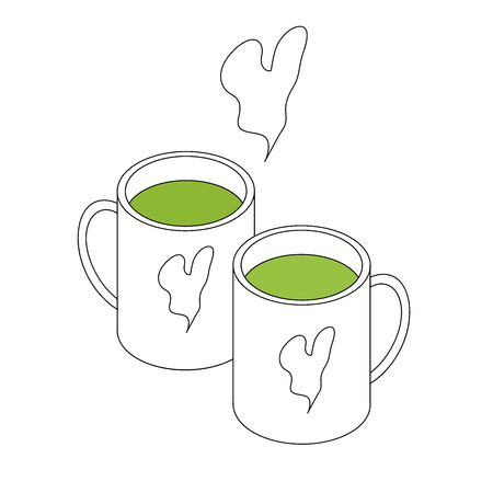 Two hot match drinks in cups. Isometry and lines. Logo for a cafe. Love and heart. Healthy green tea. White backgroundのイラスト素材