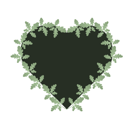 Oak leaves and heart shape frame. Dark heart is entwined with green leaves. Suitable for invitations, cards, quotes, blogs, posters, highlights and others. Wedding theme.のイラスト素材