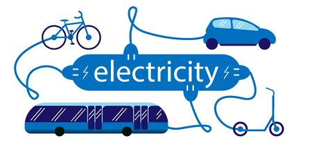 Electric transport car, bus, bike and scooter and the symbol of the electric charging station. Vehicles are charged by the electricity lettering. Vector illustration.のイラスト素材