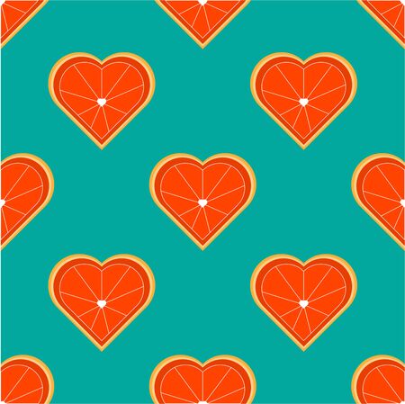Seamless pattern with orange in the shape of a heart. Heart shaped citrus fruit cut. Suitable for paper, eco products, vegan cafes.のイラスト素材