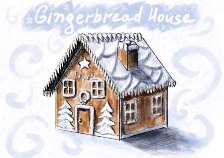 Gingerbread house for Christmas and New Year. A house in blue colors with sugar icing and decorated with icing sugar. With text on top. White backgroundの写真素材
