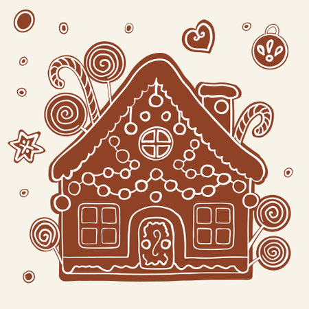 Gingerbread house for Christmas. Cute handmade honey gingerbread with patterns and sweets.のイラスト素材