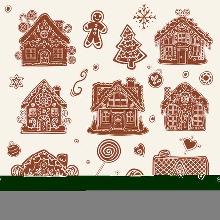 Set of gingerbread houses. Cute handmade honey gingerbreads with patterns.のイラスト素材