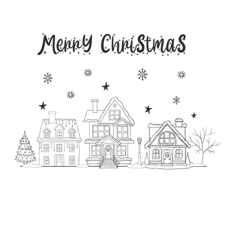Houses in a snowy landscape with a congratulatory text in doodle style. New Year and snowflakes.のイラスト素材
