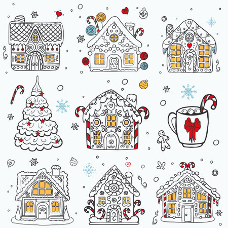 Christmas gingerbread houses with a fir tree and a cup of cocoa with marshmallows in doodle style.のイラスト素材