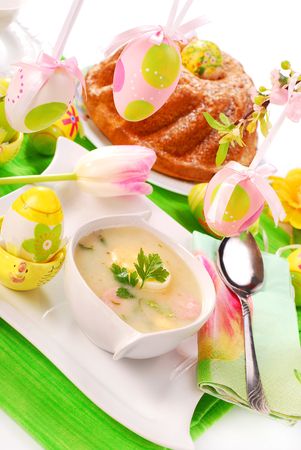 traditional white borscht  on easter tableの写真素材