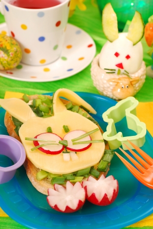 easter funny sandwich with  bunny for child`s breakfastの写真素材