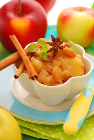 stewed apples with raisins and cinnamon as dessert for baby の写真素材