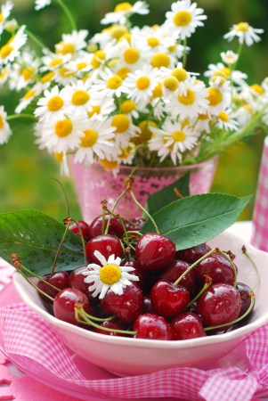 bowl of fresh cherries and bunch of camomile on garden table の写真素材