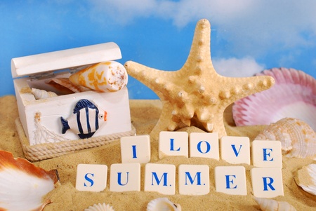 I love summer -text arranged with letter blocks on the beachの写真素材