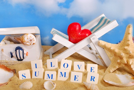 I love summer -text arranged with letter blocks on the beachの写真素材