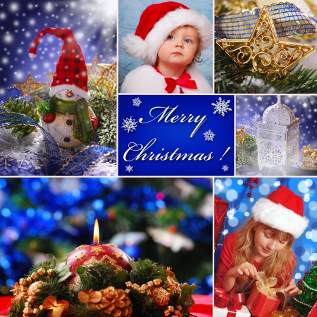 collage with christmas decorations and children in santa claus hatの写真素材