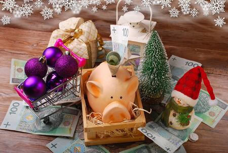 piggy bank,money,shopping cart with baubles and christmas decorations on wooden backgroundの写真素材