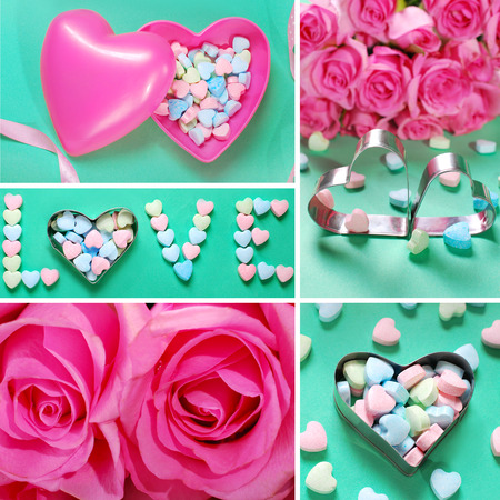 collage with pink roses and heart shaped powder sugar candies on green backgroundの写真素材