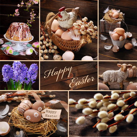 easter collage with traditional food and rustic decorations on wooden backgroundの写真素材