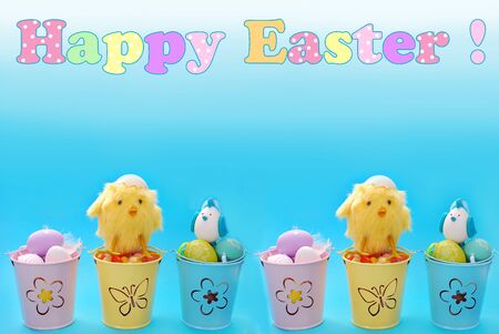 easter border with eggs and chicken in pastel color buckets and greeting text on blue background