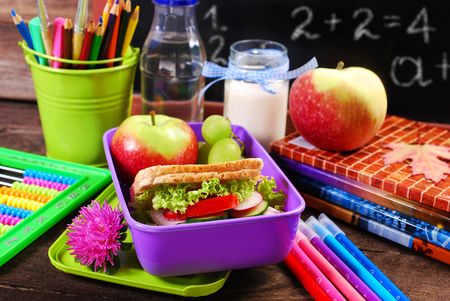 healthy breakfast for school  with sandwich ,fresh fruits and drink in lunch boxの写真素材