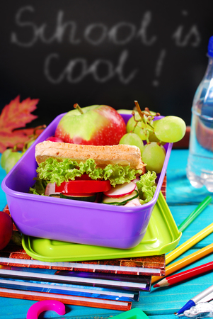 healthy breakfast for school  with sandwich ,fresh fruits and drink in lunch boxの写真素材