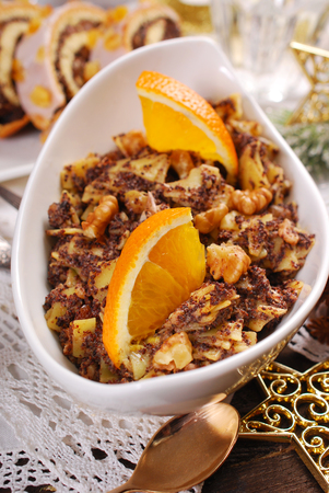 noodles with poppy seeds ,nuts and dried fruits as sweet dessert for traditional in Poland christmas eve supperの写真素材