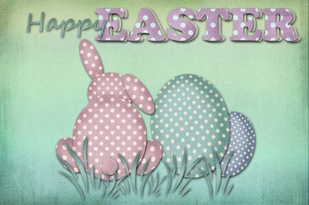 vintage easter card with dots pattern eggs and rabbit sitting in grass on canvas texture