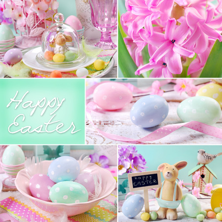 collage with beautiful Easter eggs and decorations in pastel colors and greetingsの写真素材