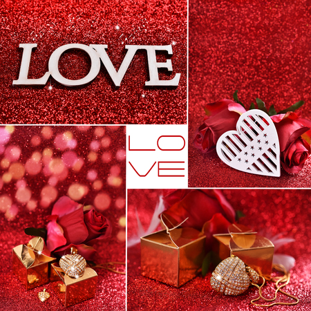 love collage with hearts, roses and jewelery on red glitter backgroundの写真素材