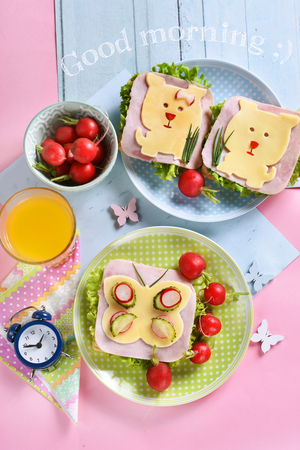healthy breakfast for kids with funny sandwiches with cheese dog and butterfly shapes ,radish and juiceの写真素材