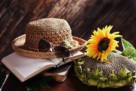 rural summer still life with straw hat, books, sunflower and seeds lying on old suitcase in the darkの写真素材