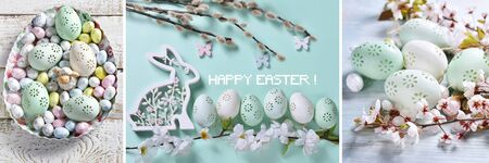 easter collage with colorful eggs and traditional spring decors in pastel colors