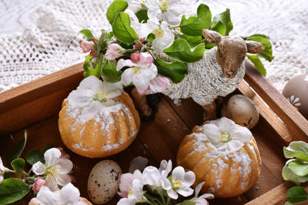 homemade mini ring cakes with powdered sugar in wooden tray with fresh branches of apple blossoms...