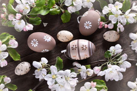 Easter background with colored eggs and spring apple tree blossomsの写真素材