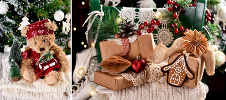 Christmas collage with gift boxes and decors in rustic style and cute teddy bear on knitted sweater stackの写真素材