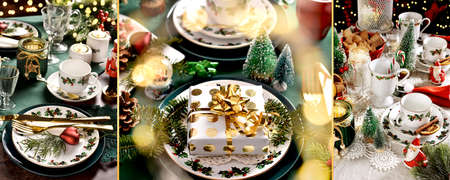 Christmas collage with 3 pictures of different festive table setting in green, red and white colorsの写真素材