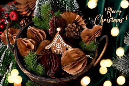 Christmas card with wicker basket full of DIY paper decors in two colors, pine cones and gingerbread cookieの写真素材