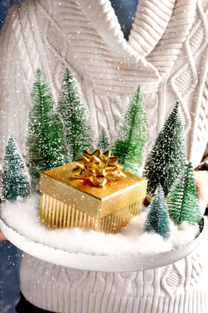 Round tray with winter scene with falling snow, christmas trees and golden gift box holden by a person in knitted sweaterの写真素材