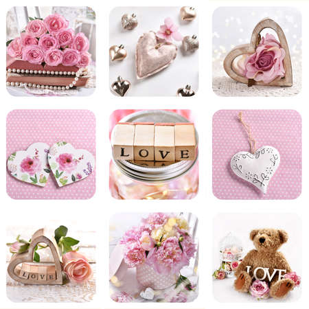 Valentines collage of 9 pictures with love symbols in pastel colors in white frameの写真素材