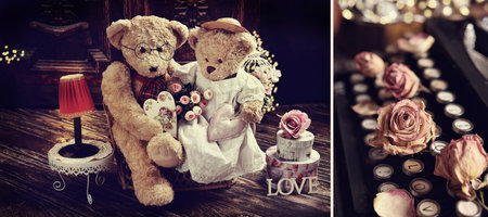 Valentines card with cute teddy bear couple sitting on sofa and dried roses on old typewriter keyboard in vintage styleの写真素材