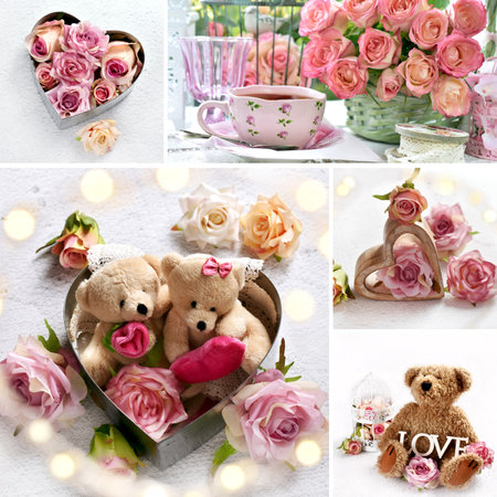 Valentines collage with collection of beautiful pictures of teddy bears and roses in pastel colorsの写真素材