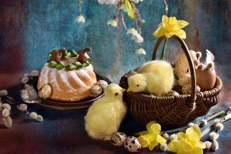 Easter still life with wicker basket with sweet chicken figurines and traditional ring cake on grunge backgroundの写真素材