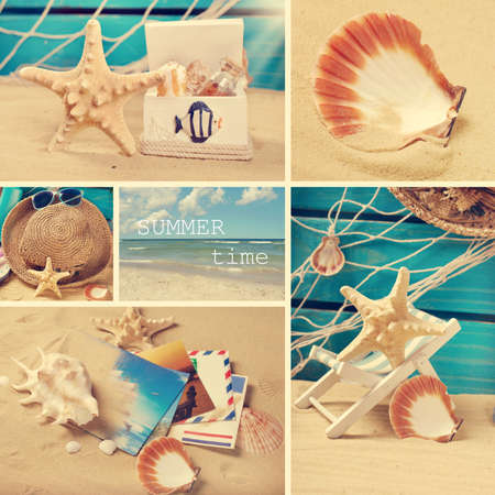 Summer time collage with 6 colorful photos related to beach vacation in vintage styleの写真素材